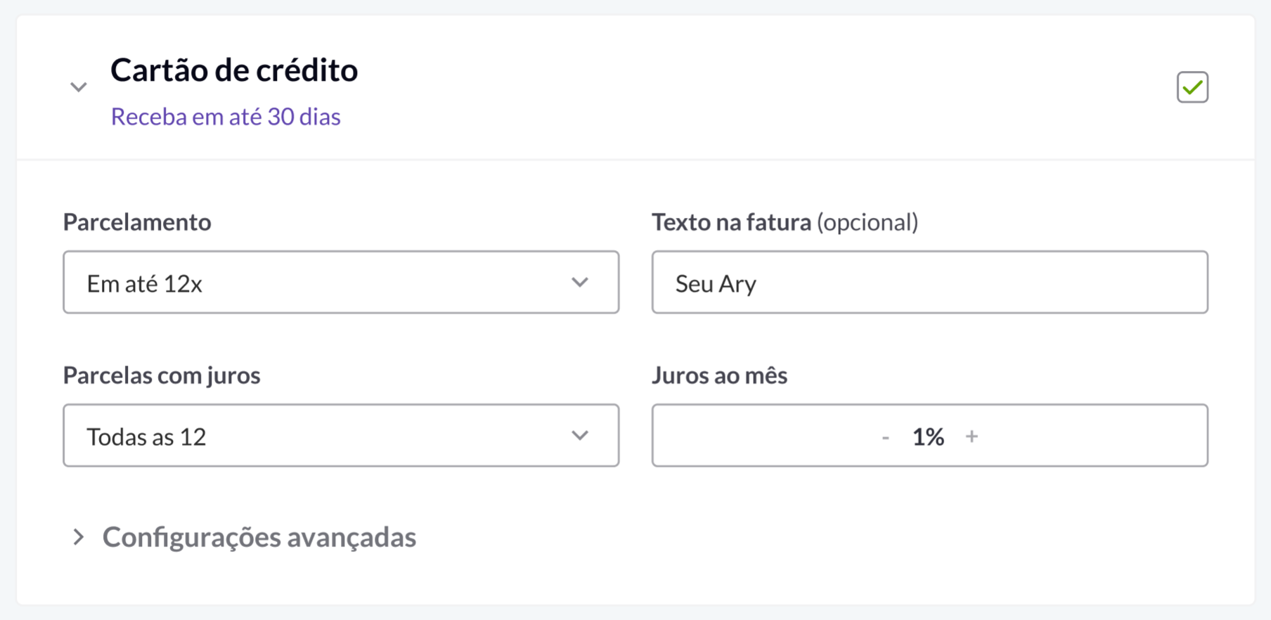 As parcelas com juros terão **juros simples** aplicados a cada parcela individualmente