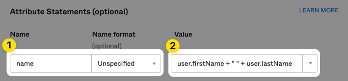 Okta-6-SAML-Attribute.png Okta Admin Console showing 'Attribute Statements' configuration for mapping user attributes to Doppler via SAML SSO.