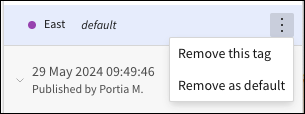 More menu for a default tag in the version history, showing the option to remove as default