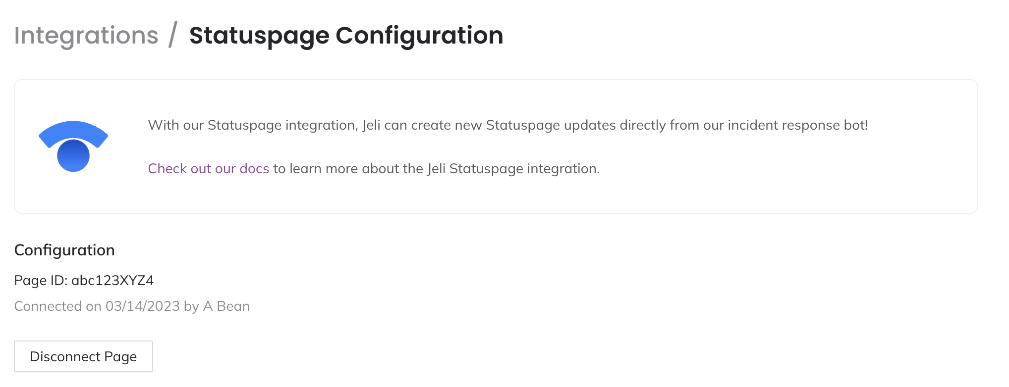 A screenshot of the Jeli web app detailing how to disconnect the Statuspage integration