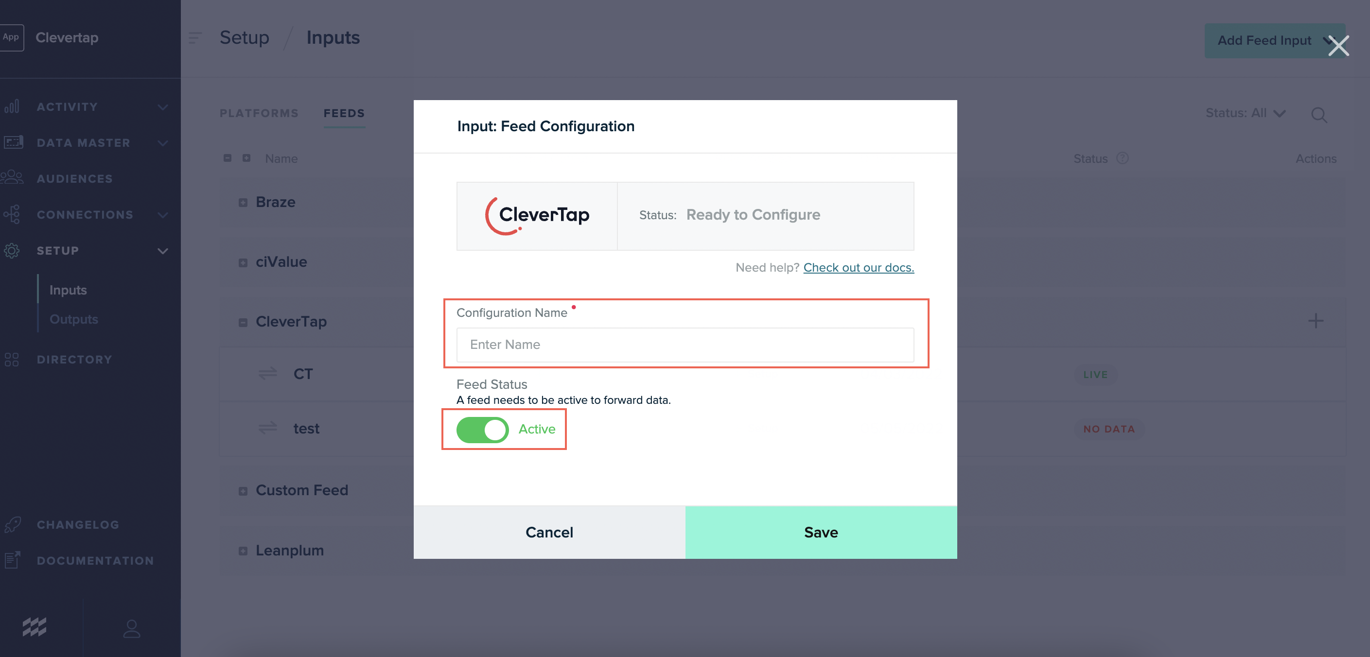 Enter Configuration Name and toggle ON Feed Status 2818