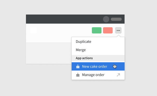 Click to close... JSON modal can be triggered from the three-dot actions menu. Link app action shown with an arrow.