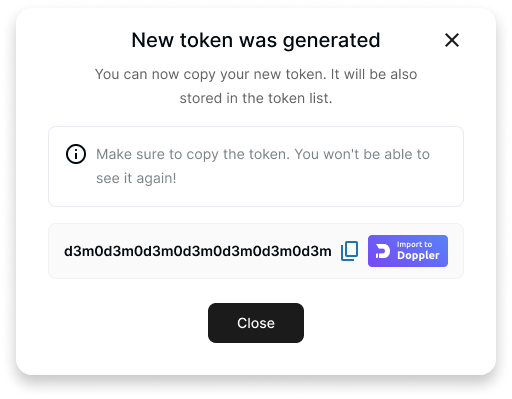 Screenshot showing a message with the successfully generated token