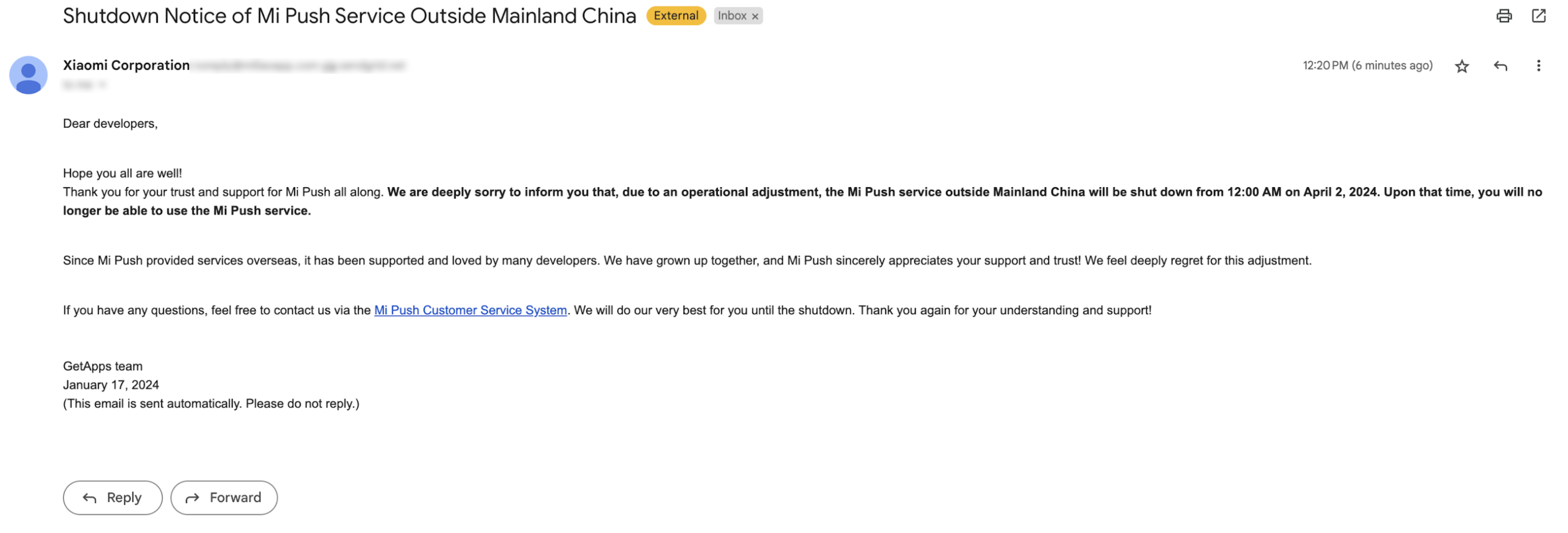 Mi Push Service Discontinuation Notification