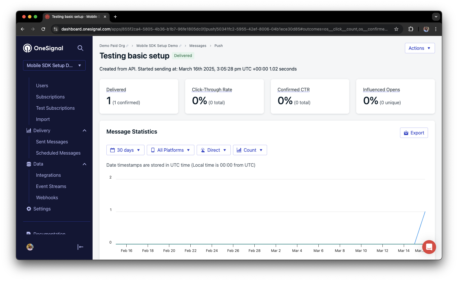 Screenshot showing the delivery statistics page for the sent message