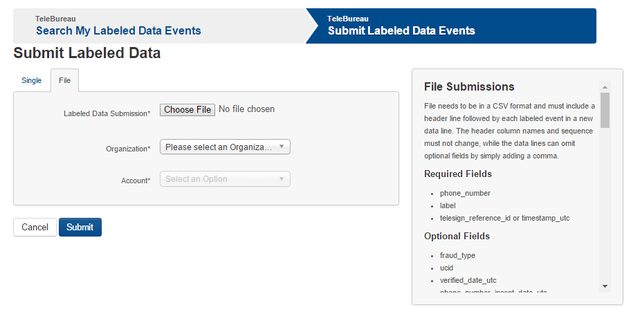 A screenshot of the File tab open. Enter data in fields on left. Use File Submissions on right for more information.