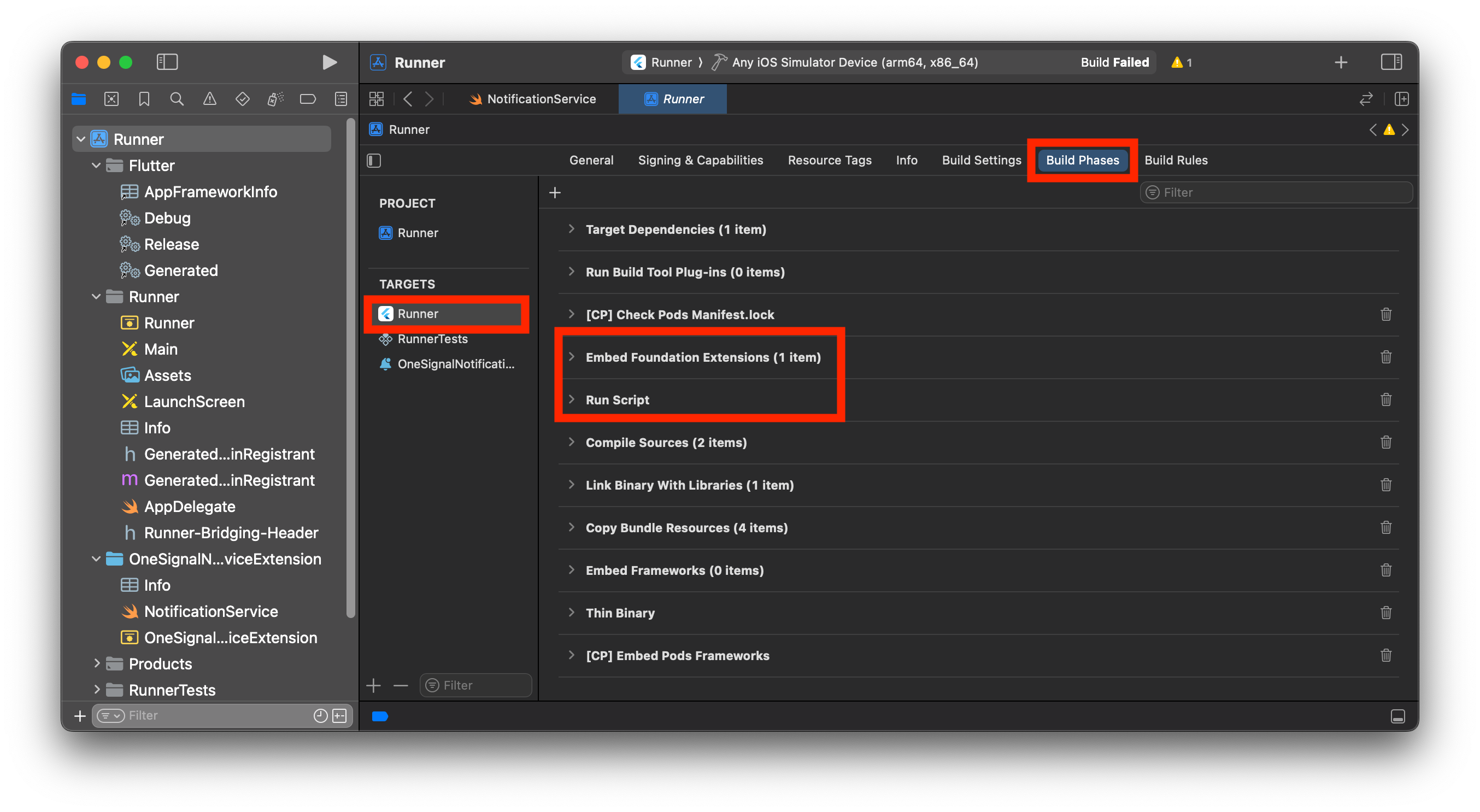 The correct order of the Build Phases in Xcode.