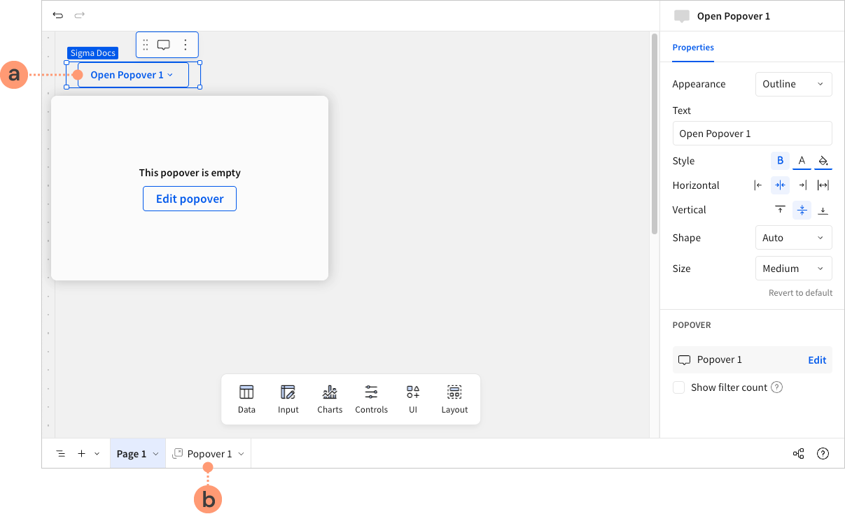 Image of a workbook with annotations pointing to the popover button in the workbook page and the popover configuration page tab in the workbook footer