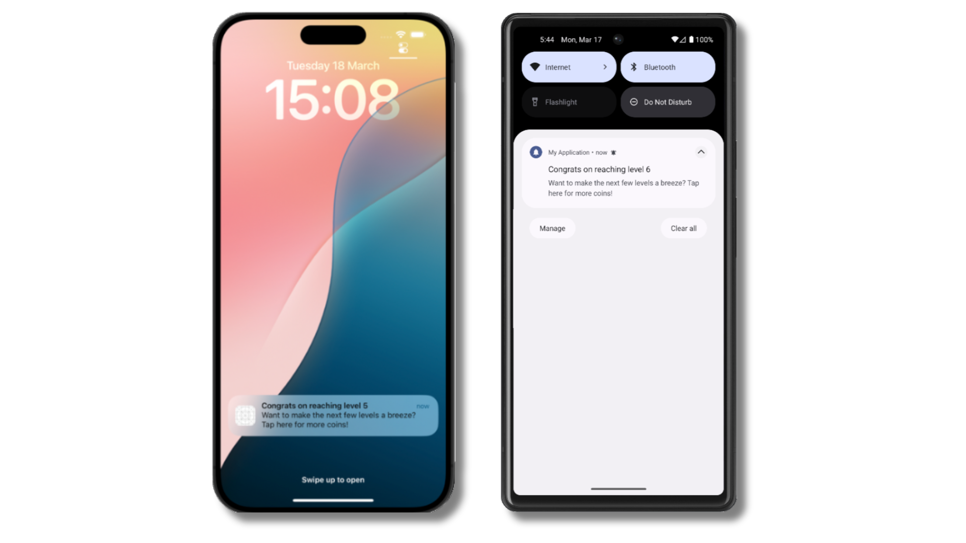 The push notification is received on an iOS and Android device with the personalized content