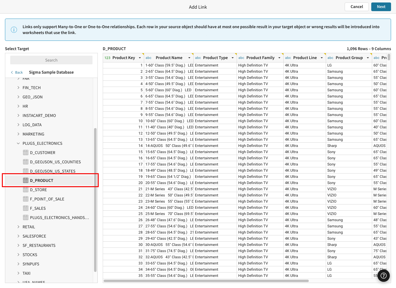 Select table D_PRODUCT to link. Preview the data in the table.