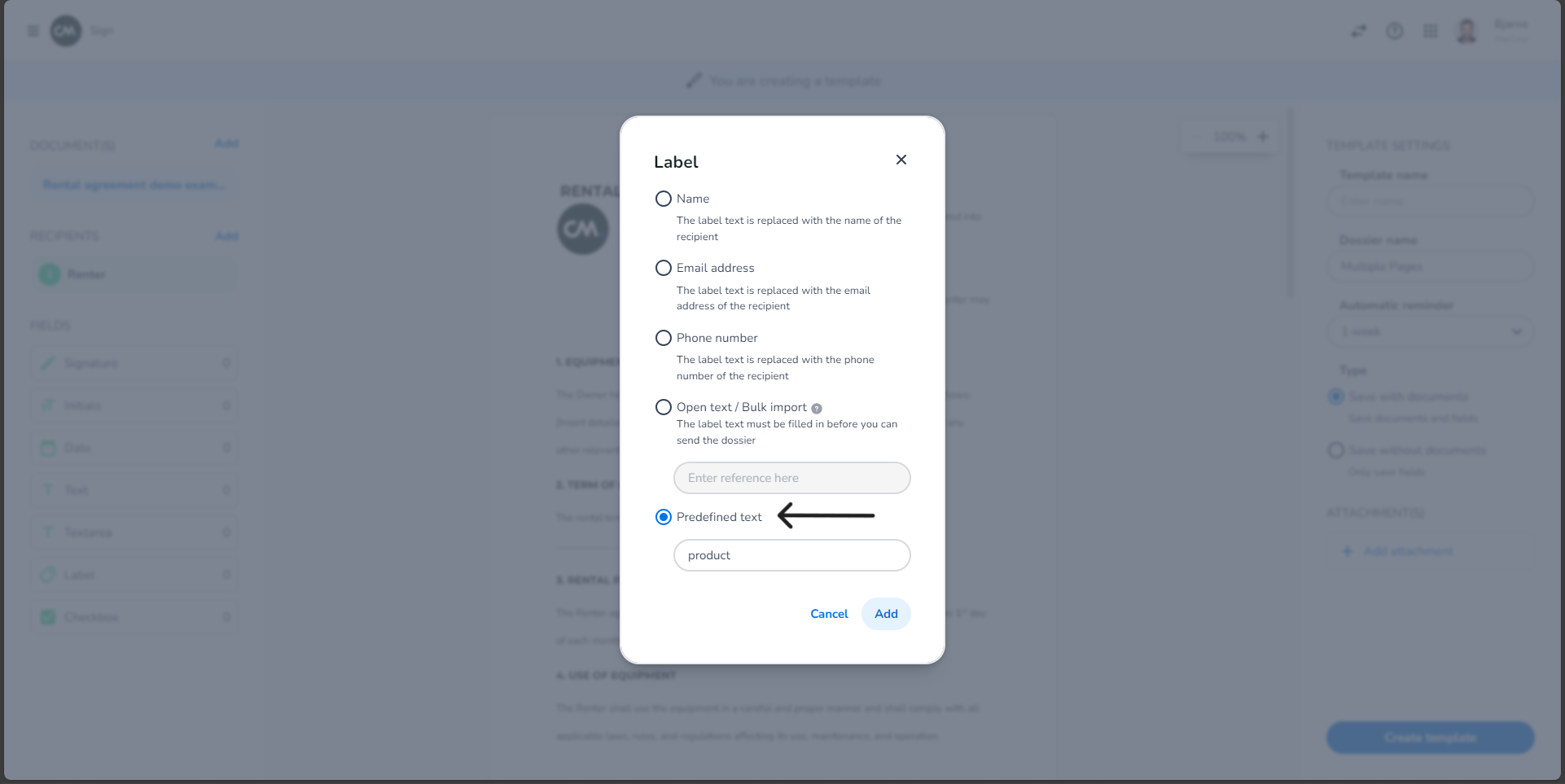 Select the "Predefined text" label option and add it to the document.