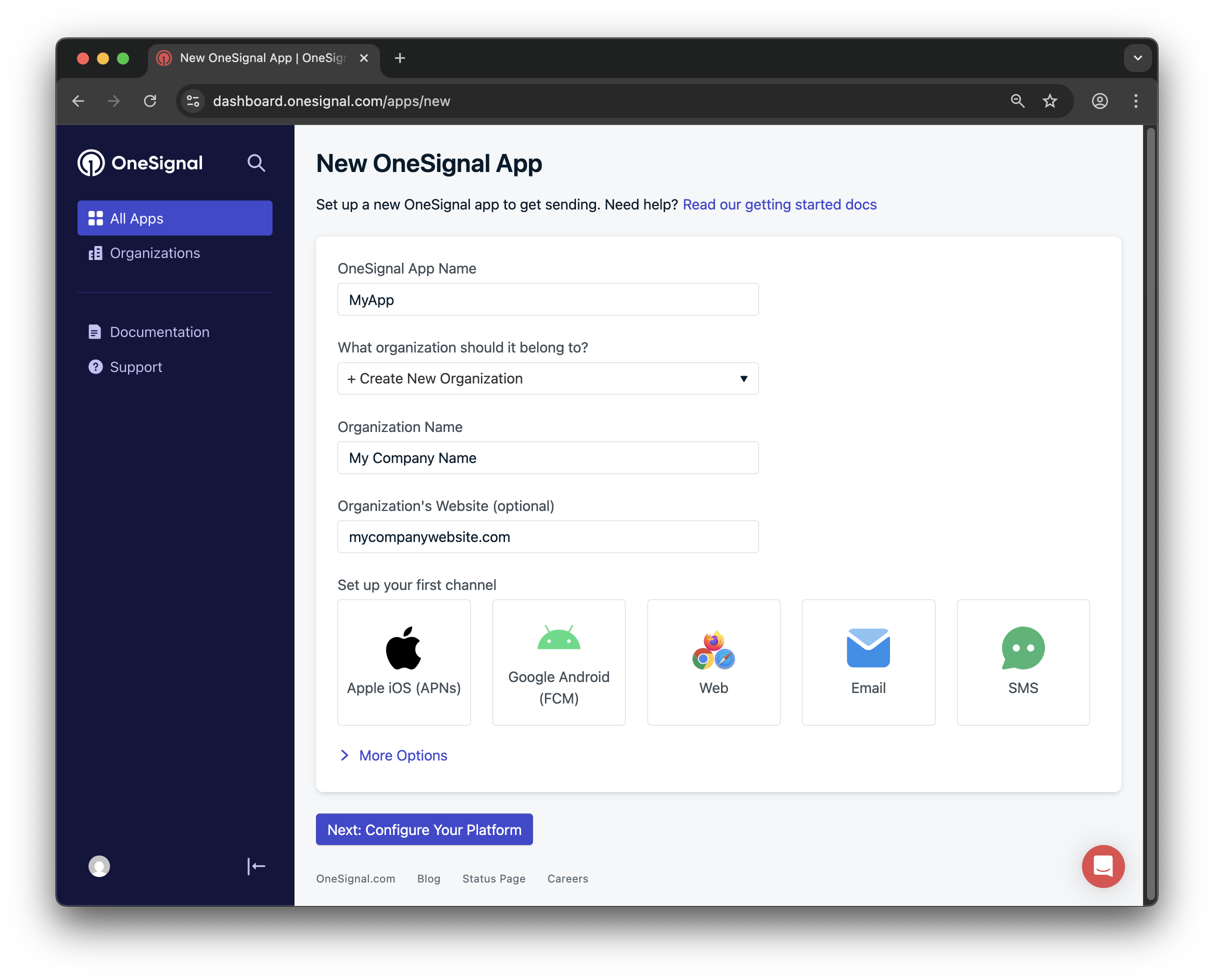 Example setting up your first OneSignal app, org, and channel.
