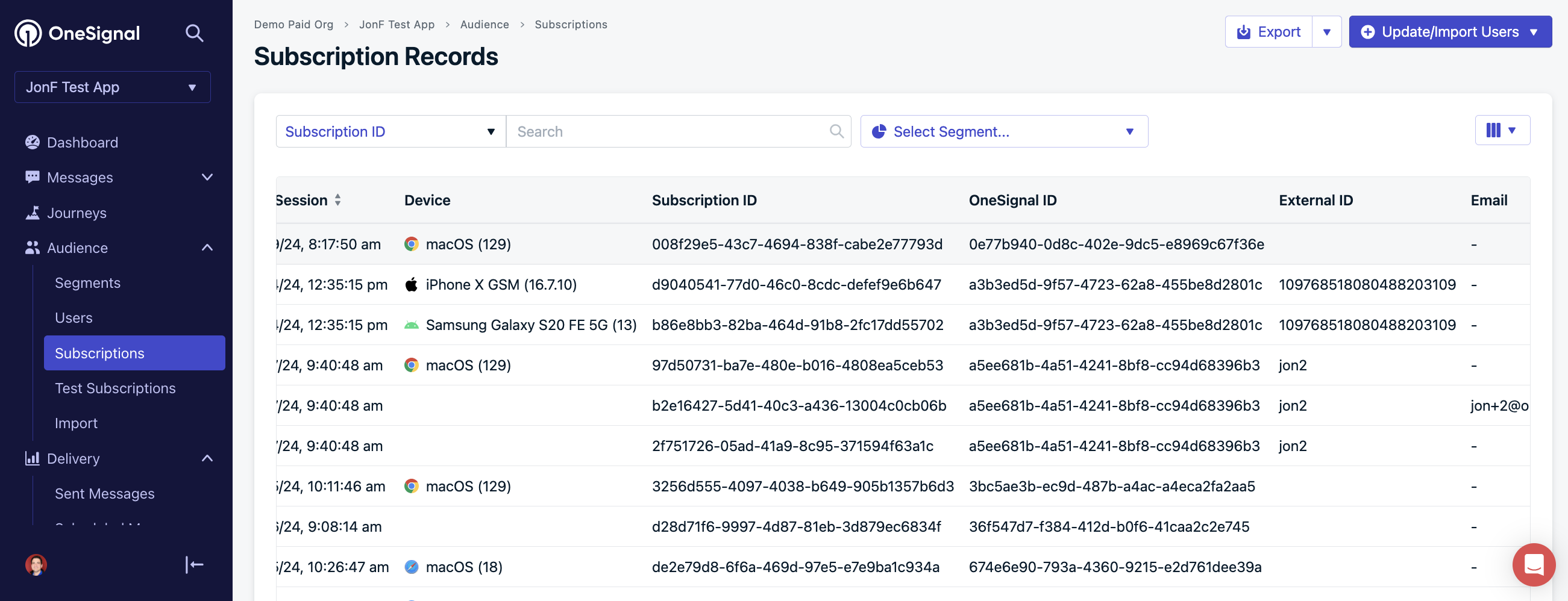 Your Audience > Subscriptions page where you can find your user's subscriptions.