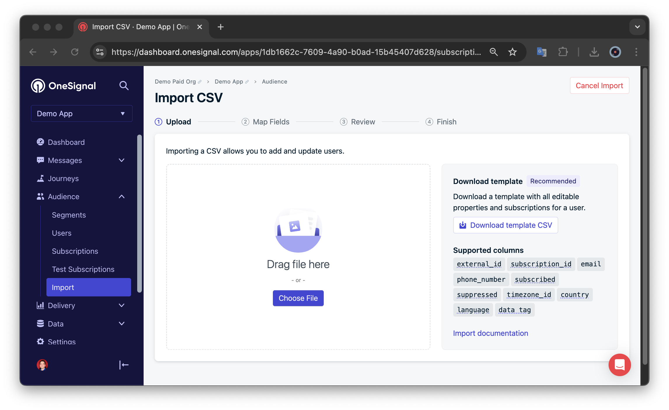 CSV Import screen