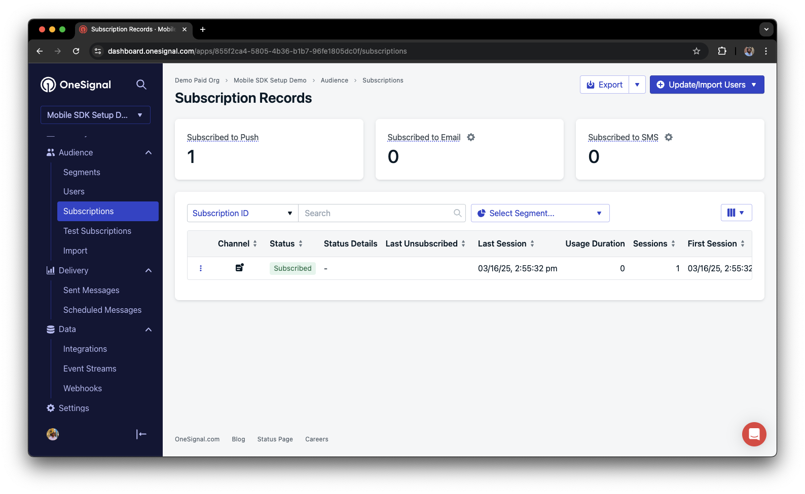 The Subscriptions page of the OneSignal dashboard showing a subscription with "Subscribed" status