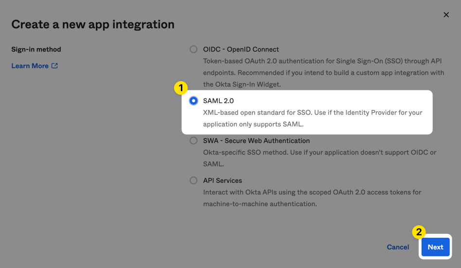 Okta-2-SAML.png Okta Admin Console interface for creating a new SAML 2.0 application integration for Doppler.