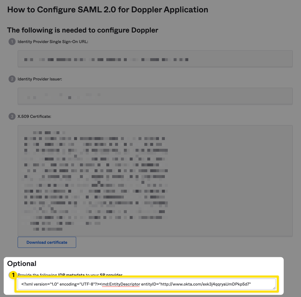 Okta-9-XML.png Okta Admin Console with the 'Sign-On' tab displaying SAML configuration details for Doppler, including metadata download links.