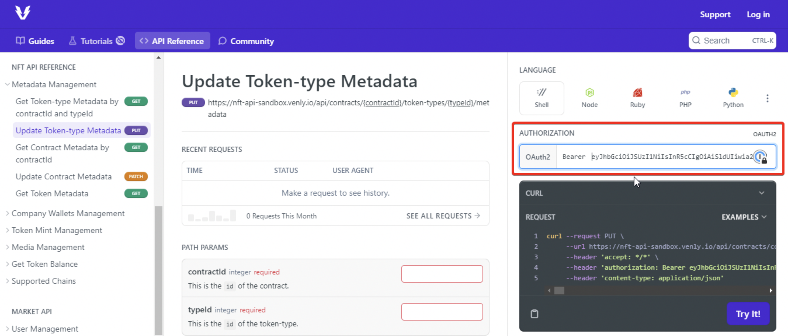 Entering Bearer Token to Authenticate API Calls