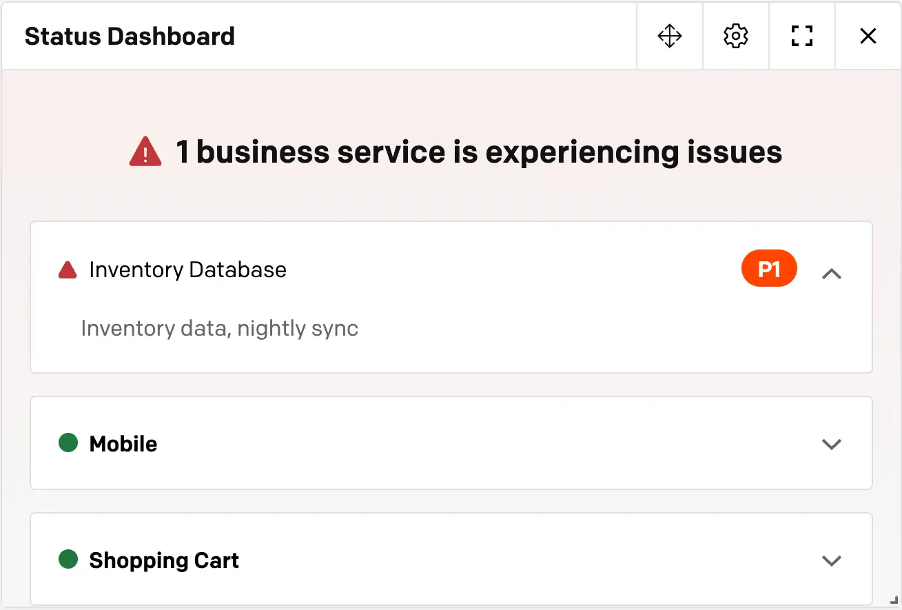 Status Dashboard module A screenshot of the PagerDuty UI detailing the Status Dashboard module