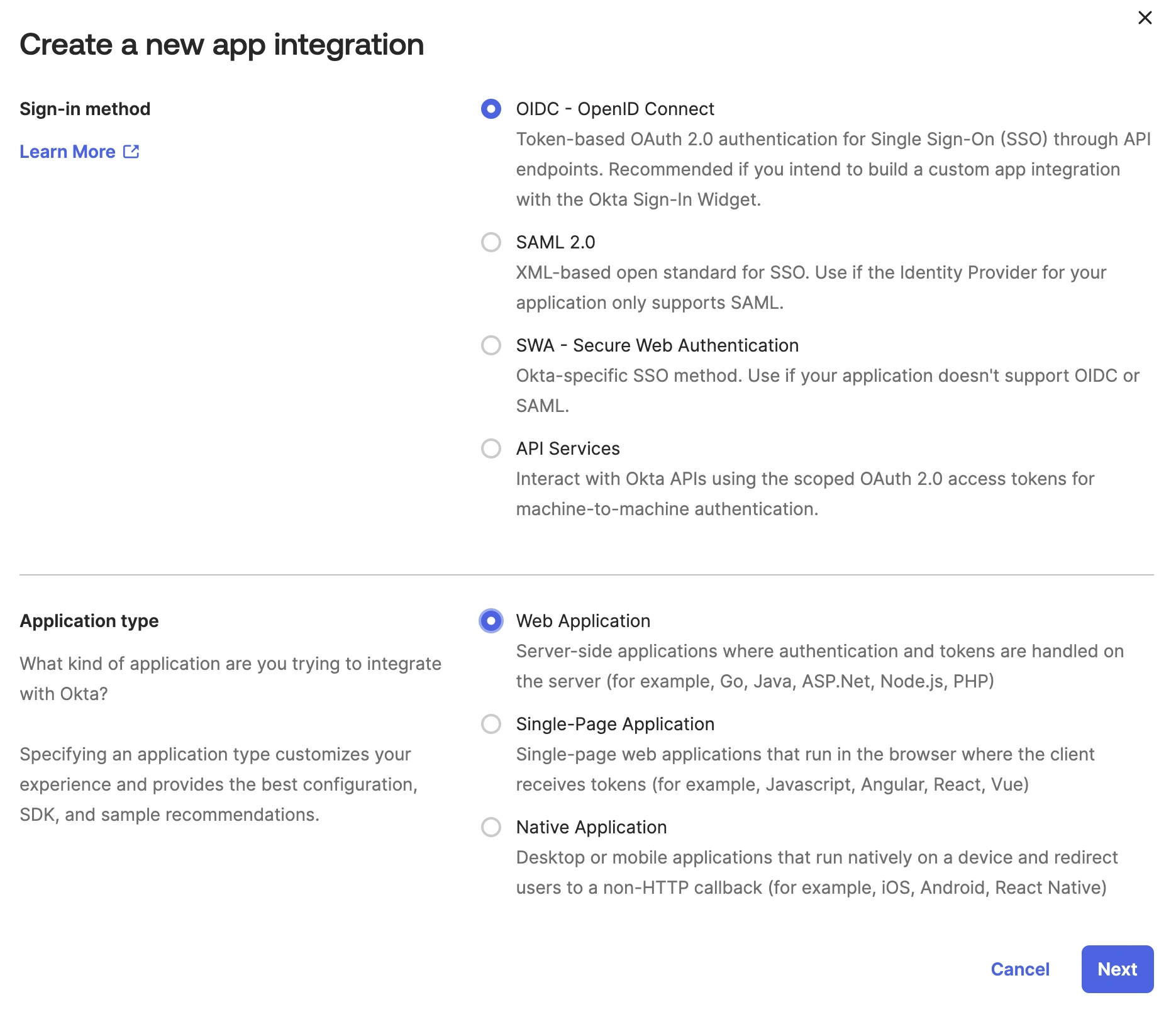 A screenshot of the Okta UI showing how to create a new app integration
