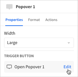 Image of the editor panel open to the Properties tab with the trigger button Edit option highlighted for selection