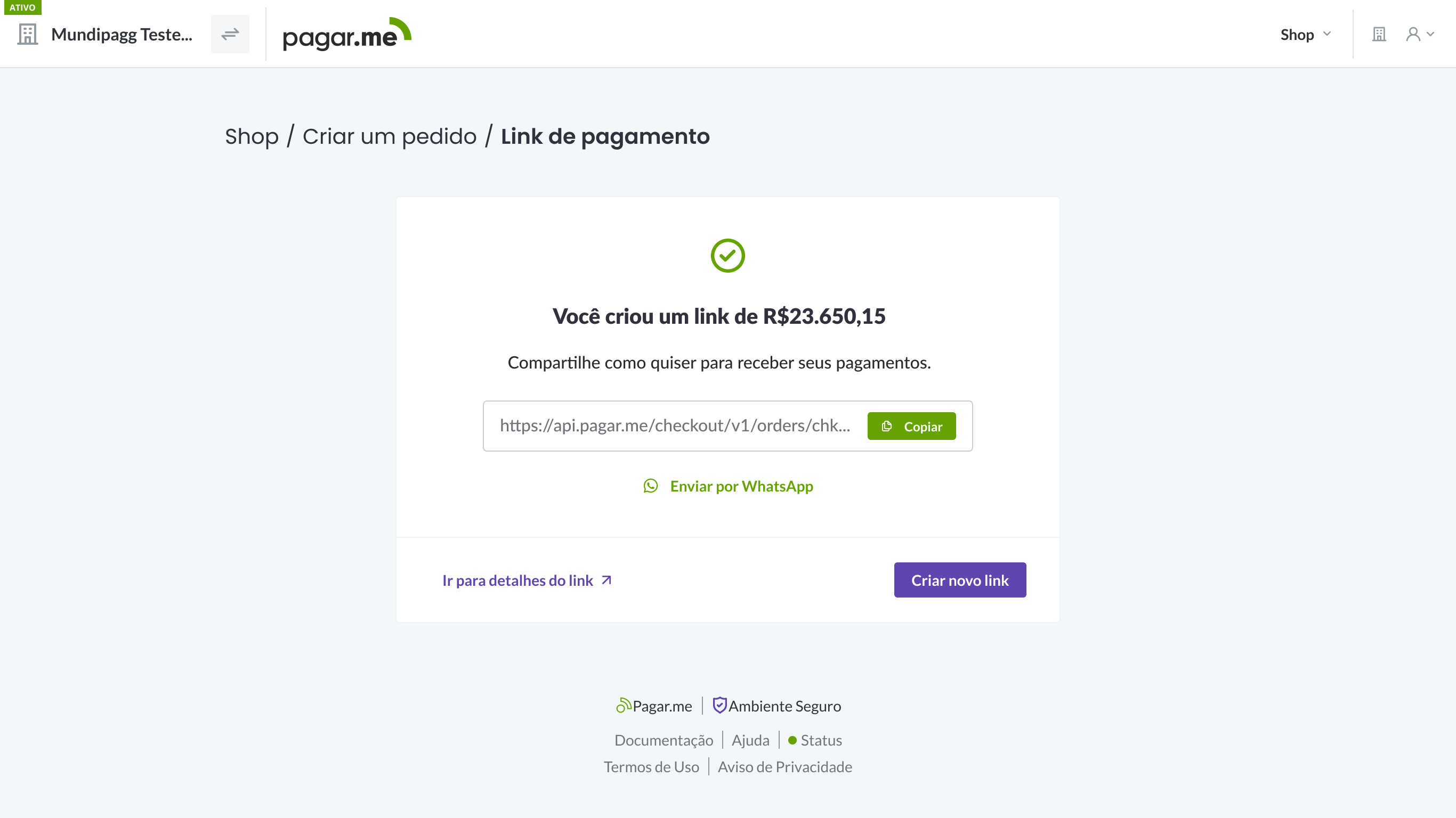 **Link de pagamento criado**