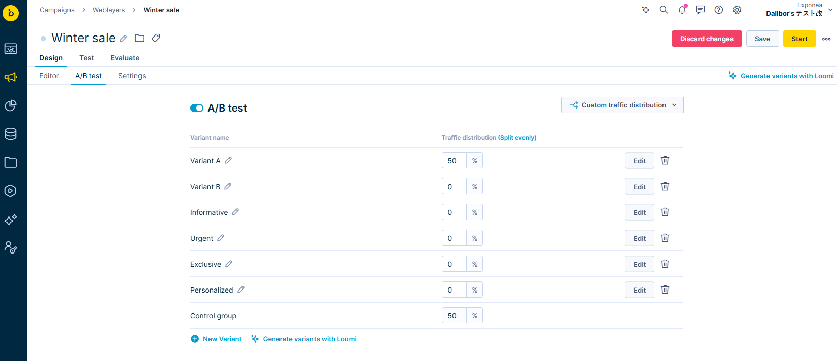 A/B test setup interface for a Winter sale campaign, displaying variant names, traffic distribution percentages, and options to edit each variant.