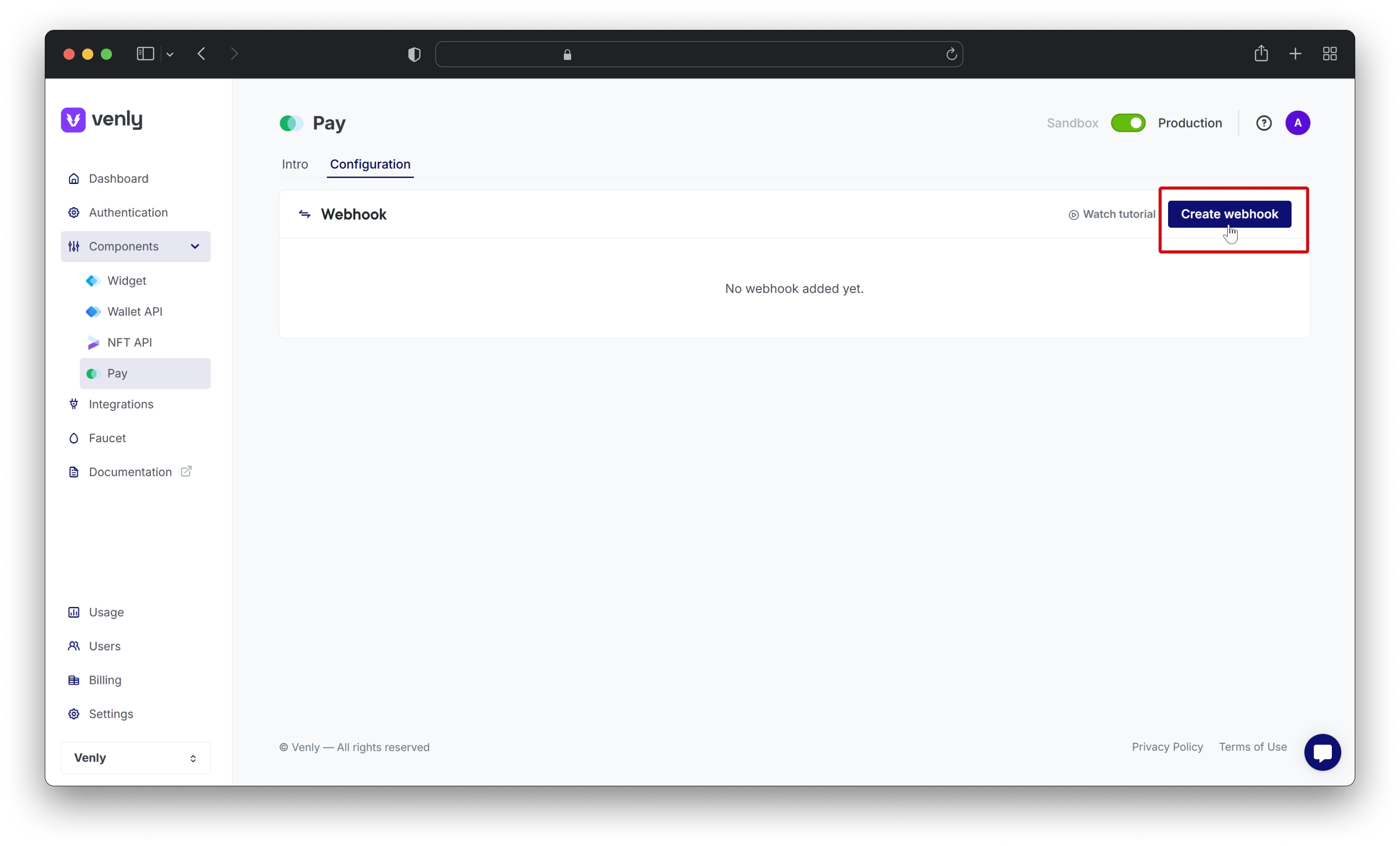 Creating a new webhook for PAY