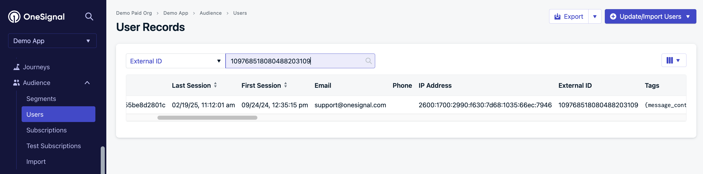 OneSignal > Audience > Users