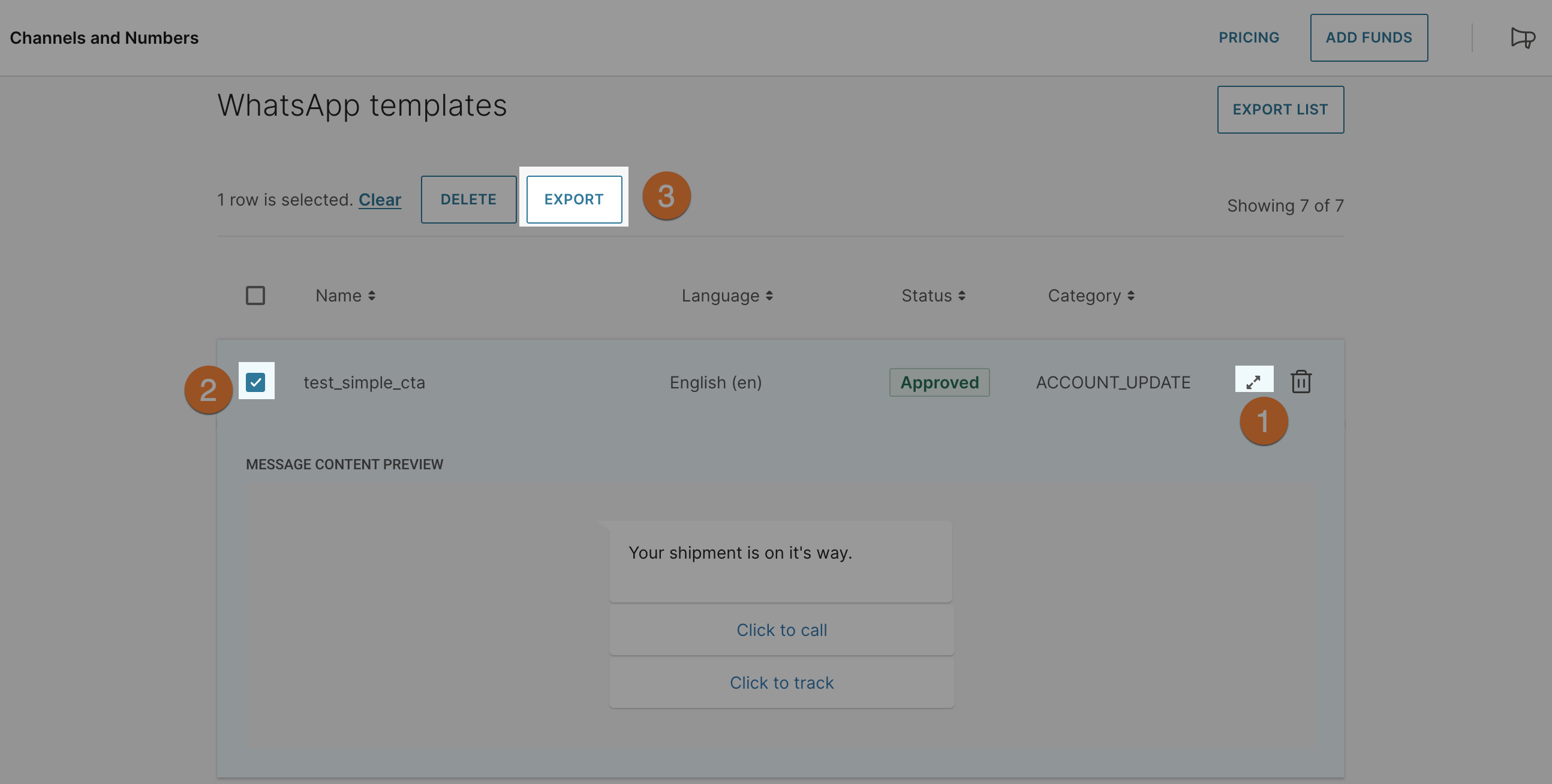 Export WhatsApp Template Screen shows how to expand, select and export a WhatsApp Template and save it on your local machine