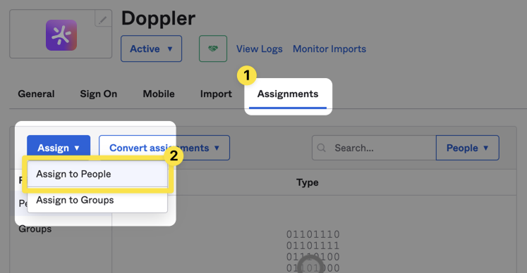 Okta-11-Assignment.png Okta Admin Console showing the 'Assignments' tab for adding users or groups to the Doppler SAML application for Single Sign-On access.
