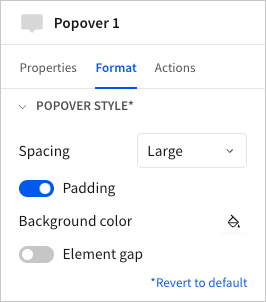 Image of the editor panel open to the Format tab with the Popover style section expanded to display all popover style settings