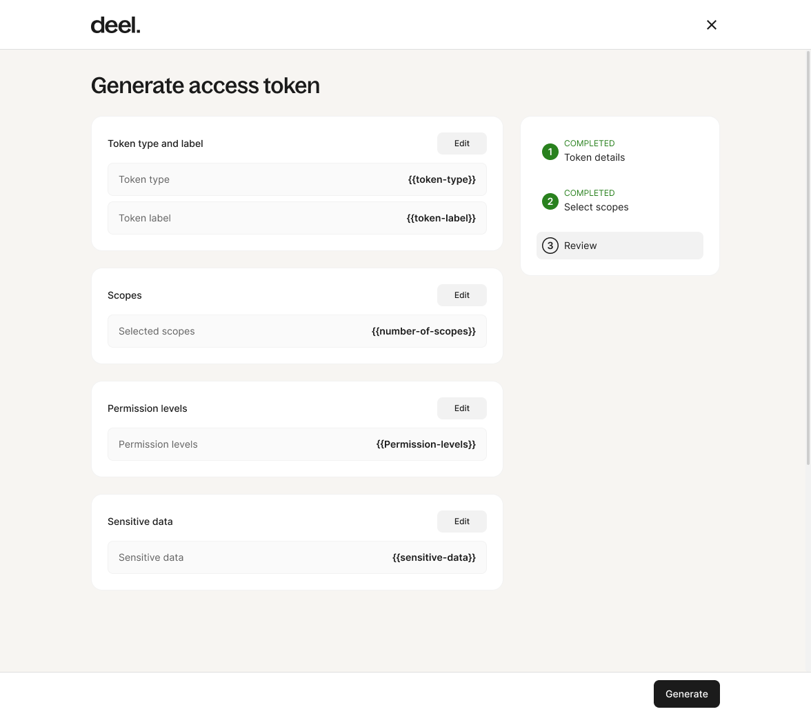 Screenshot showing the step where the token details are reviewed and the token is generated