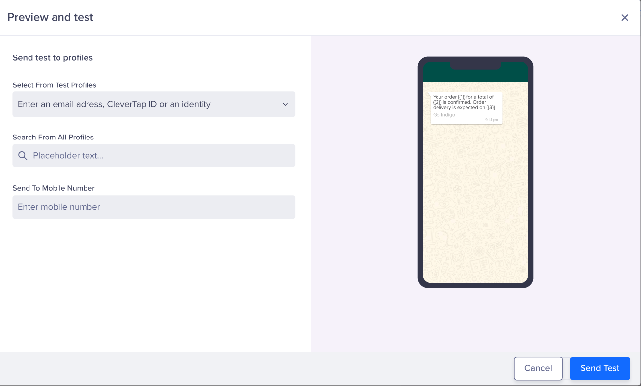 Test WhatsApp Message Screen shows how to preview and test a WhatsApp message from the CleverTap dashboard